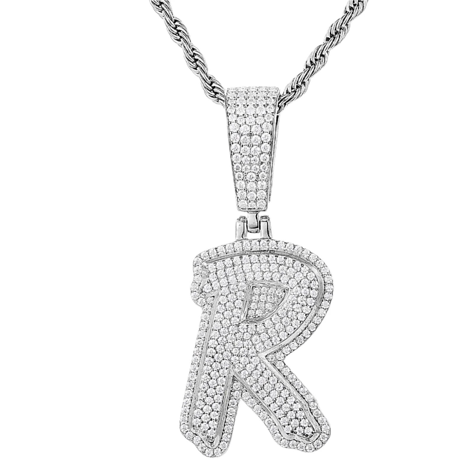 Luxury Fully Iced Out Hip Hop Rapper Bling Stylish Cursive Alphabet Letter Initial with Brilliant Round Lab-Created Moissanite 925 Sterling Silver Pendant Charm - M400009