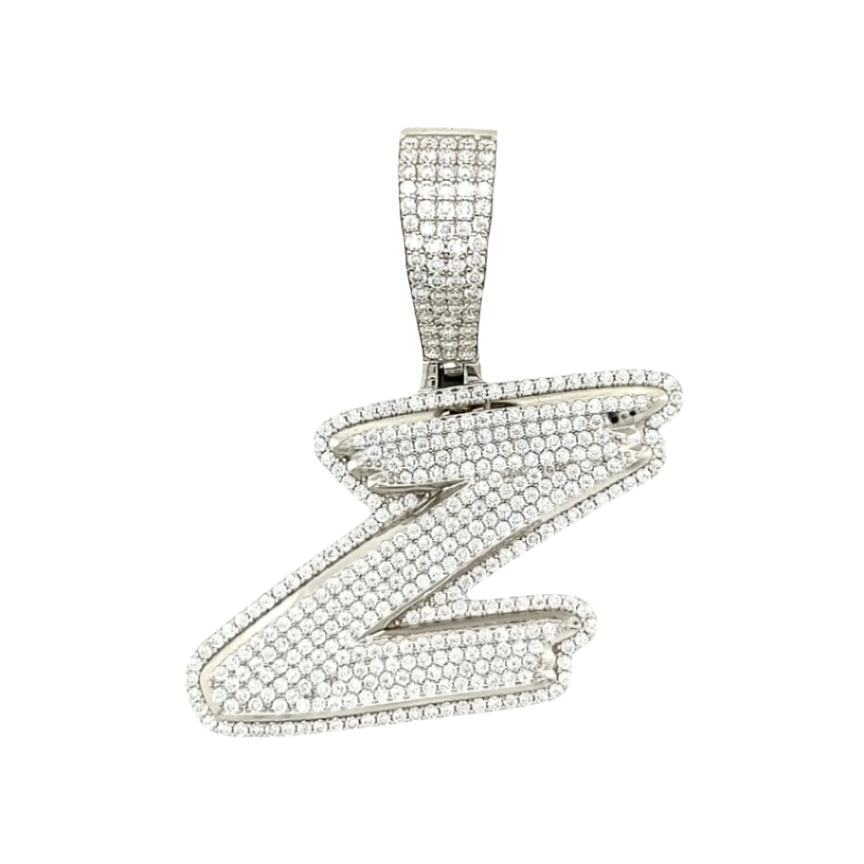 Luxury Fully Iced Out Hip Hop Rapper Bling Stylish Cursive Alphabet Letter Initial with Brilliant Round Lab-Created Moissanite 925 Sterling Silver Pendant Charm - M400009