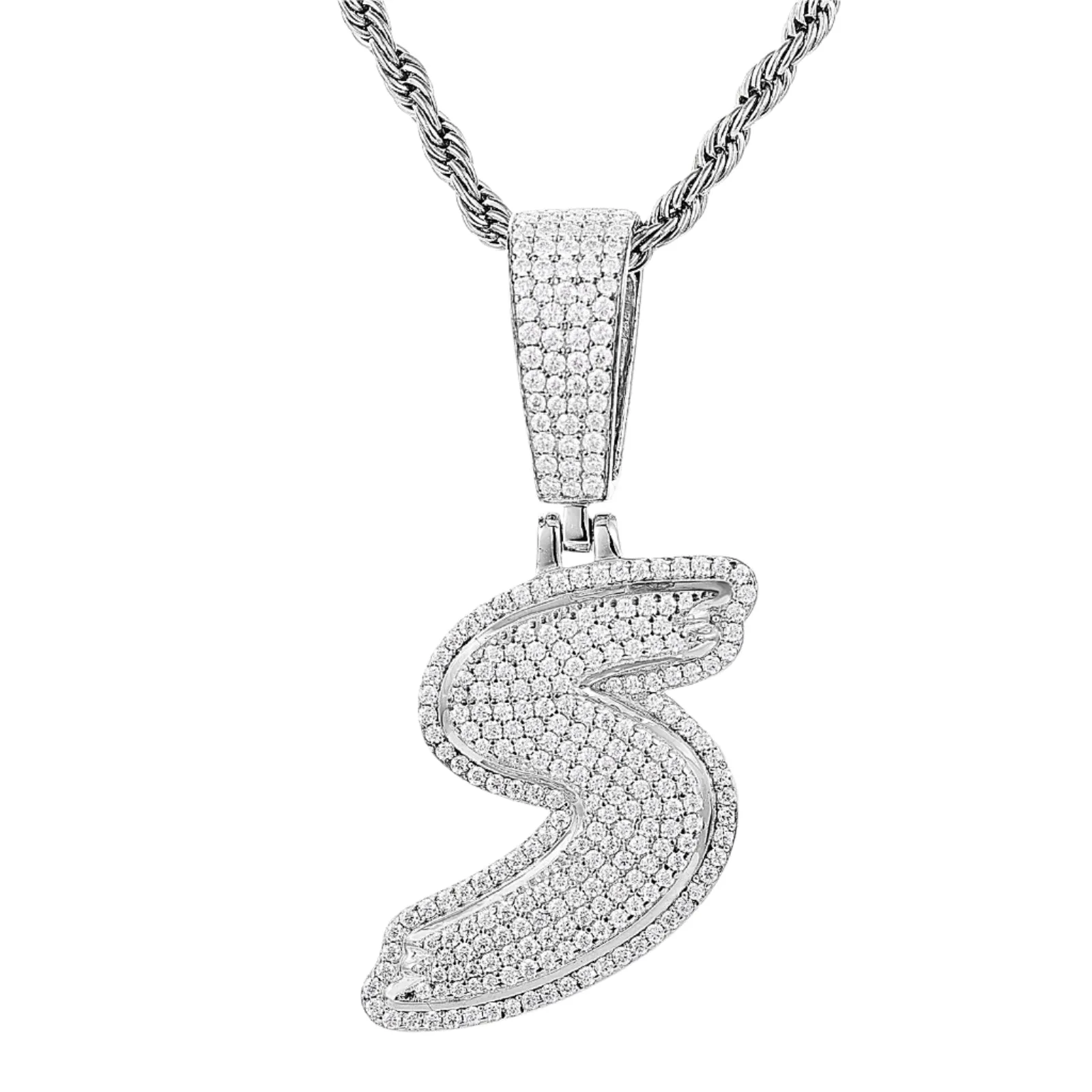 Luxury Fully Iced Out Hip Hop Rapper Bling Stylish Cursive Alphabet Letter Initial with Brilliant Round Lab-Created Moissanite 925 Sterling Silver Pendant Charm - M400009