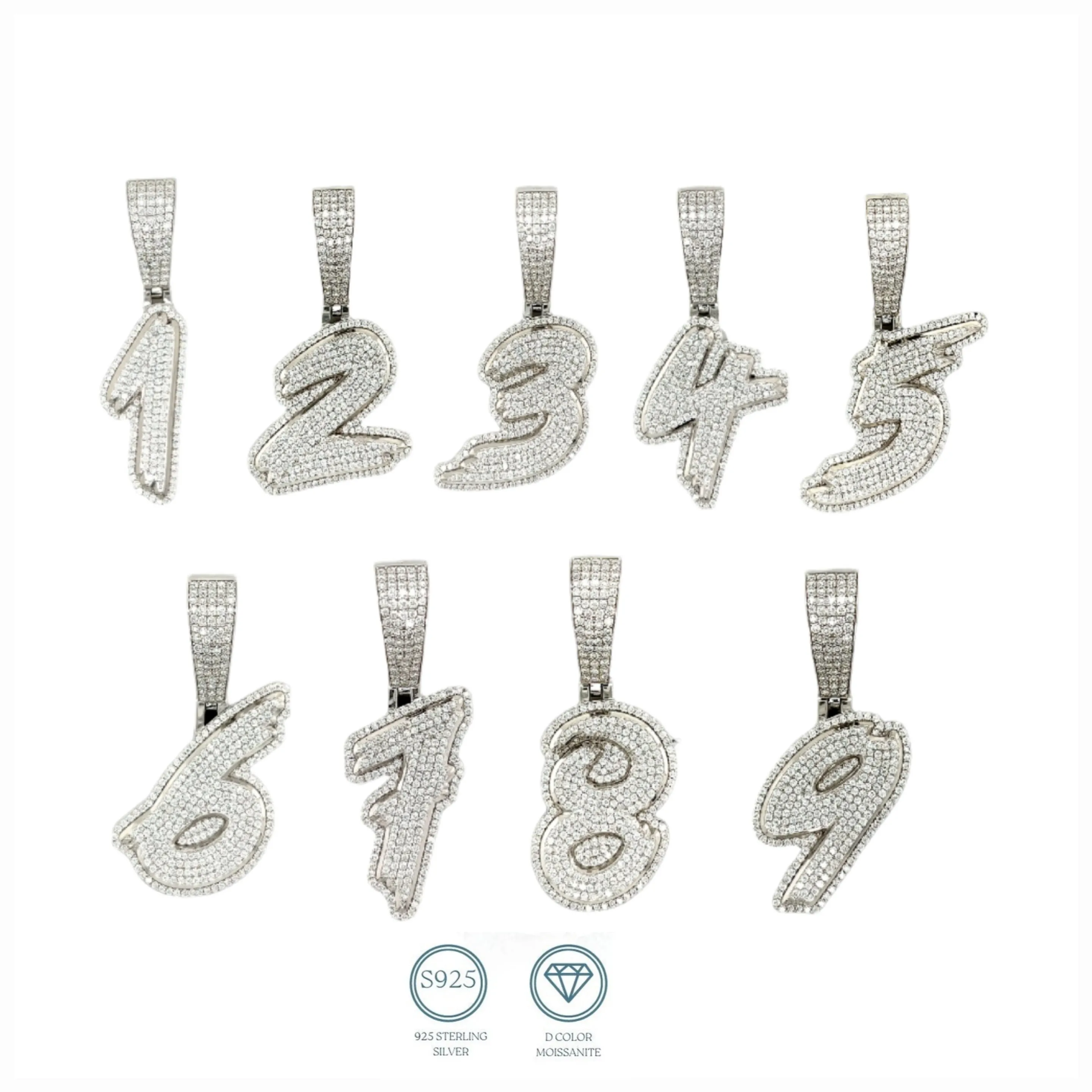 Luxury Fully Iced Out Hip Hop Rapper Bling Stylish Number with Brilliant Round Lab-Created Moissanite 925 Sterling Silver Pendant Charm - M4000019