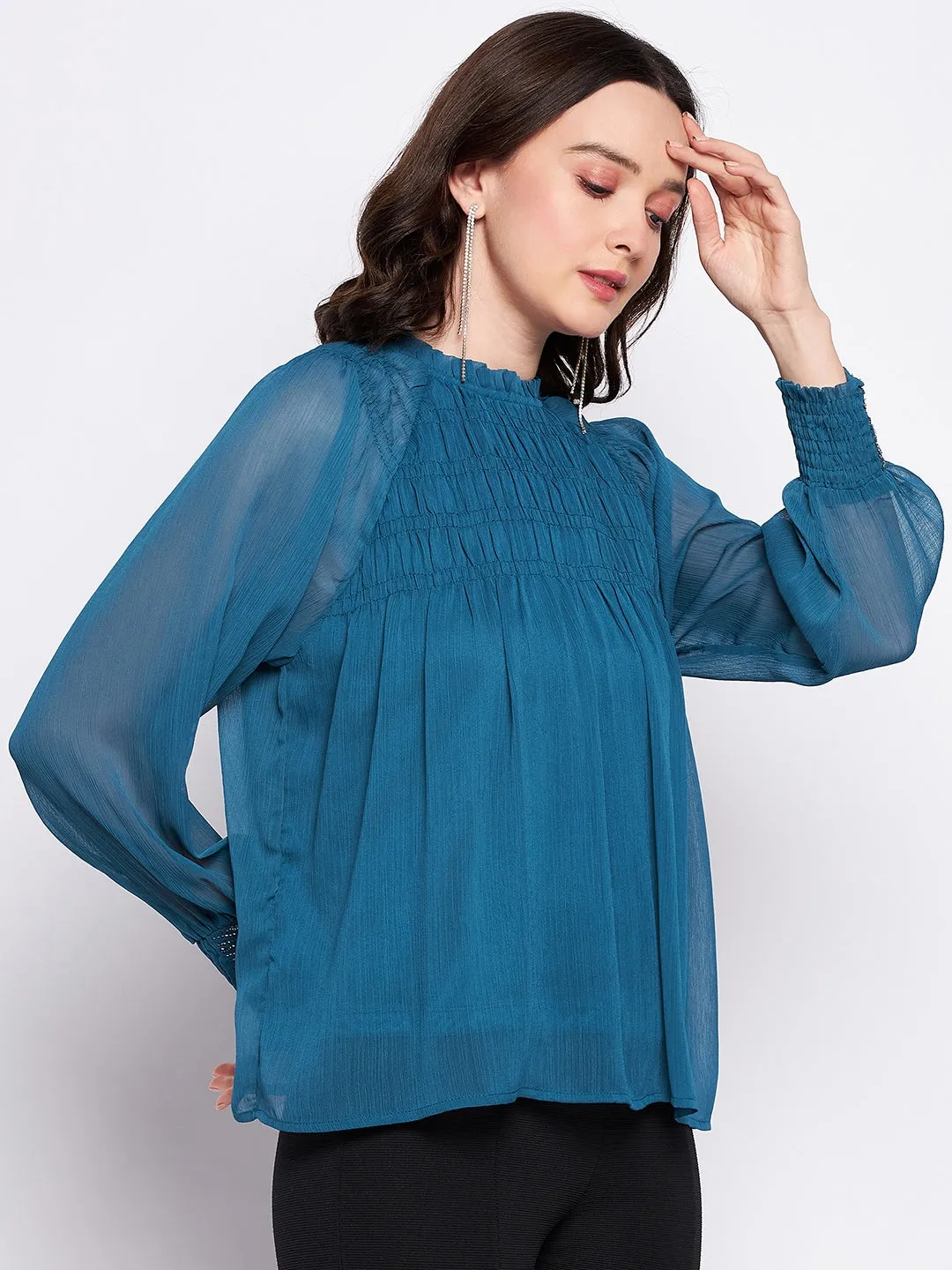 Madame Teal High Neck Gather Detailing Chiffon Top