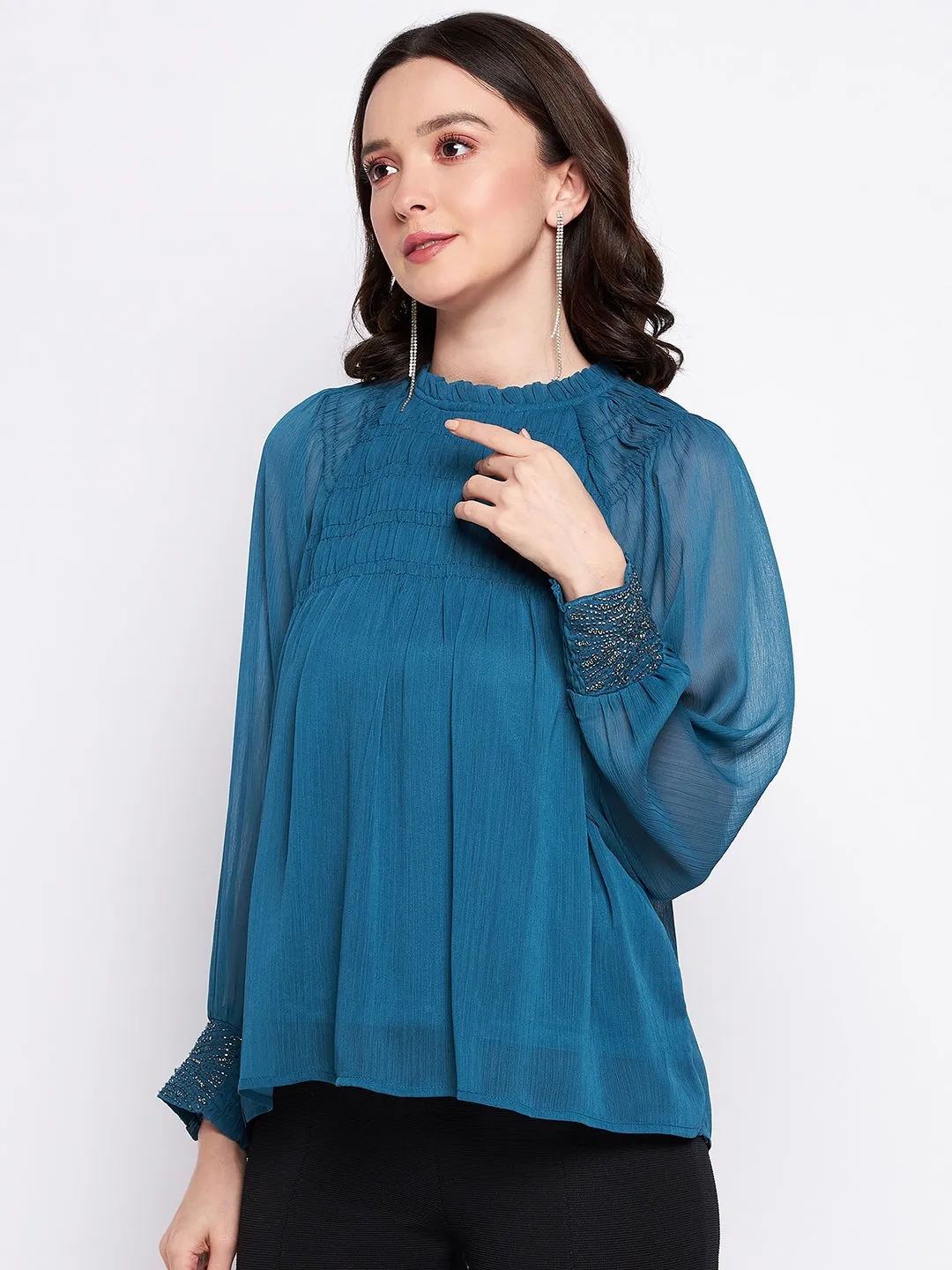Madame Teal High Neck Gather Detailing Chiffon Top