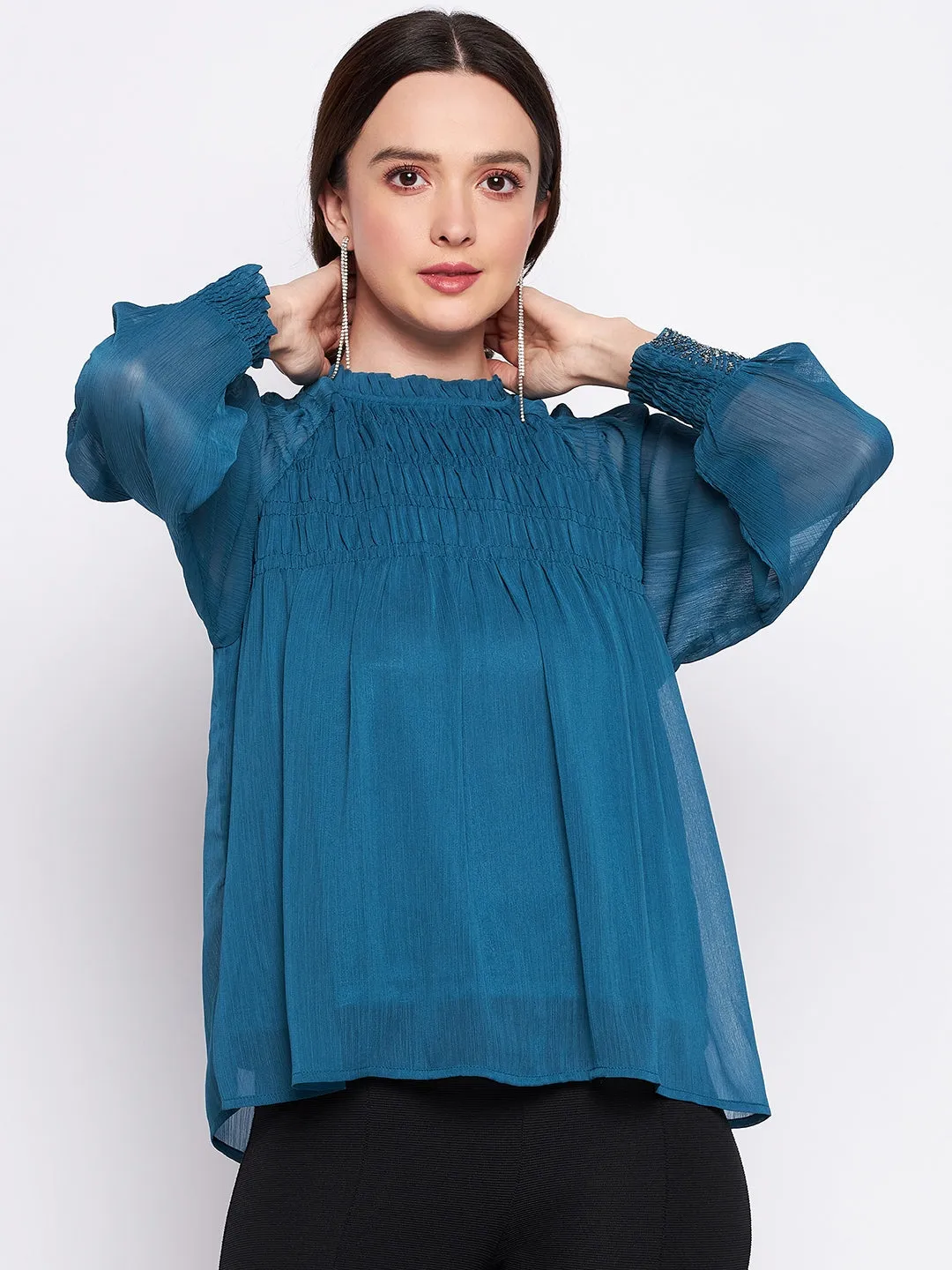Madame Teal High Neck Gather Detailing Chiffon Top