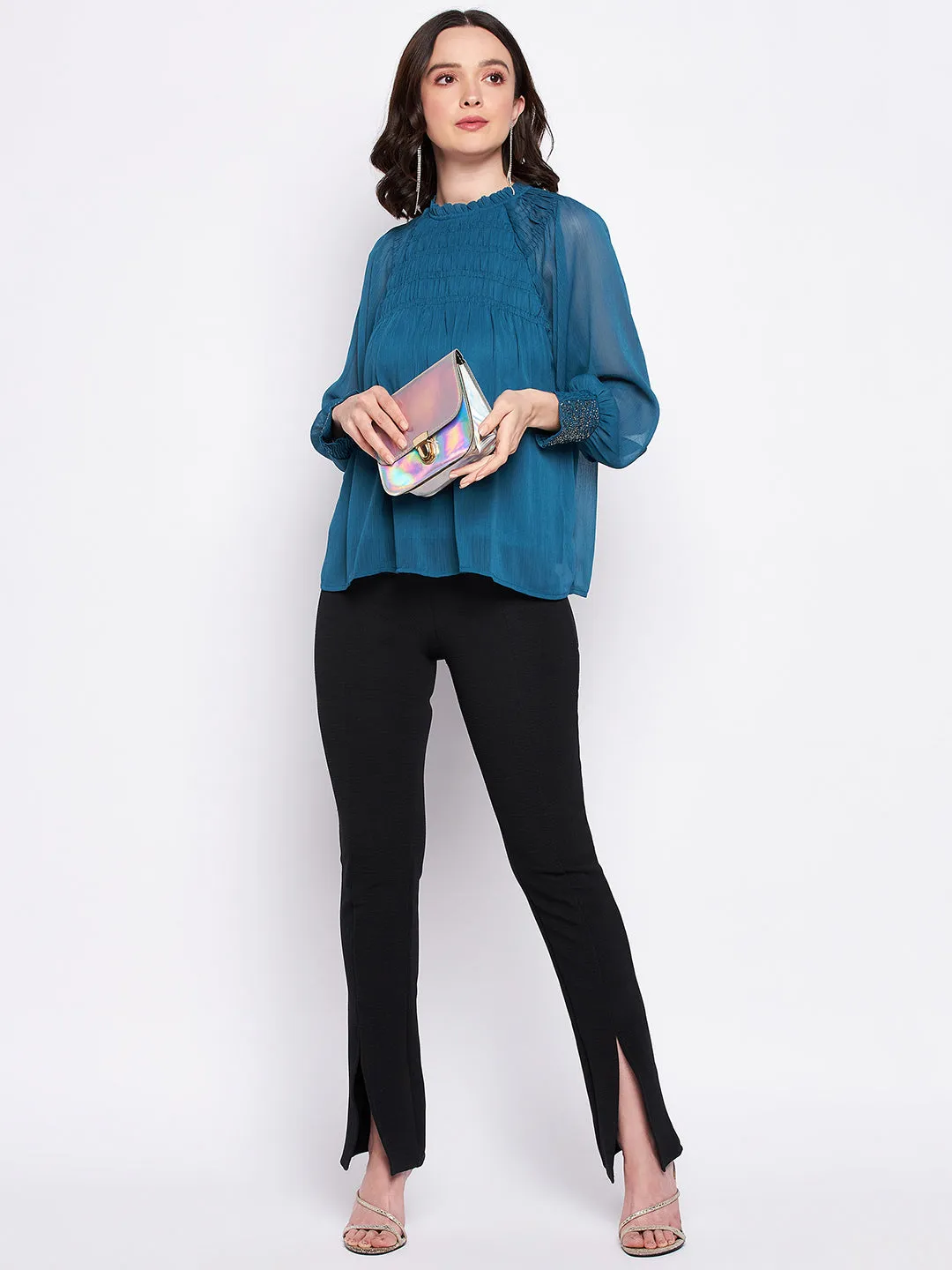 Madame Teal High Neck Gather Detailing Chiffon Top