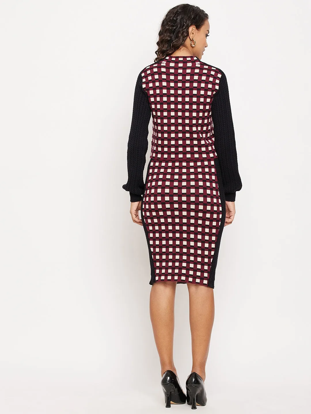 Madame Wine Check Print Bishop Sleeve Co-Ord Set