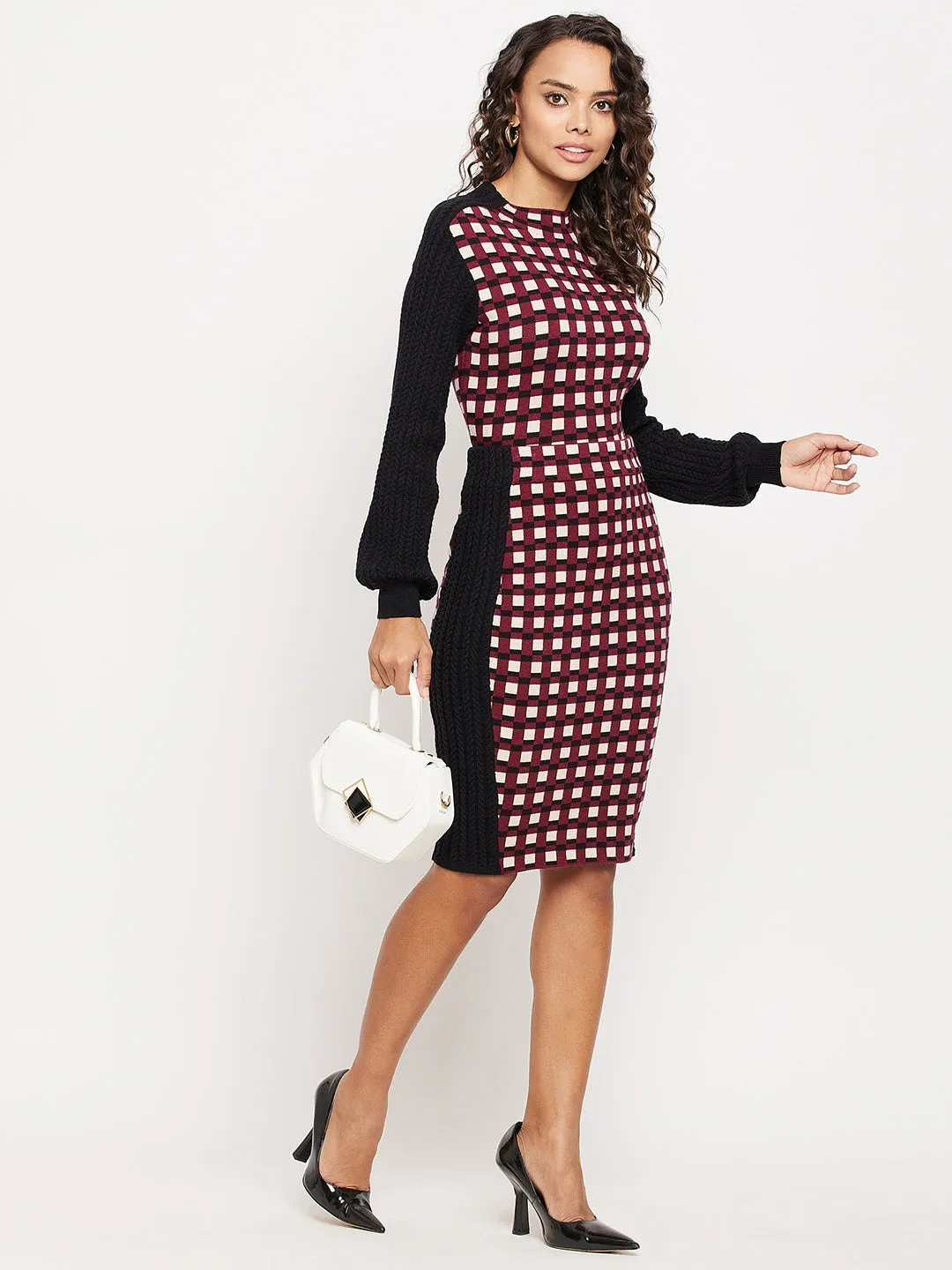 Madame Wine Check Print Bishop Sleeve Co-Ord Set