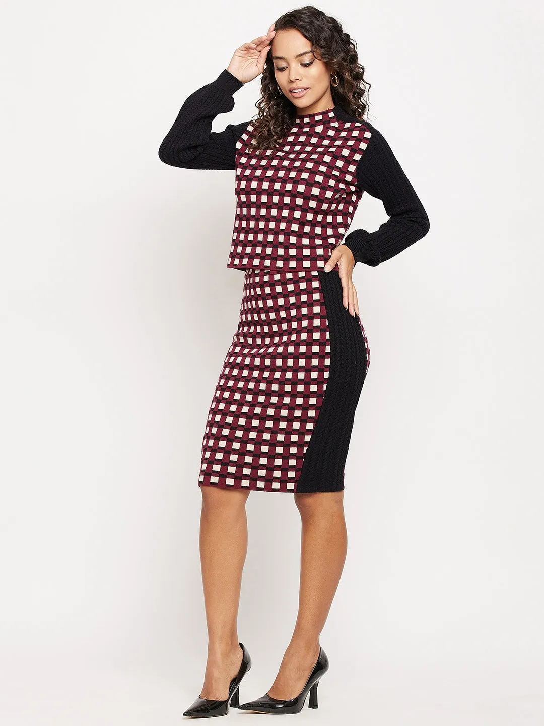 Madame Wine Check Print Bishop Sleeve Co-Ord Set