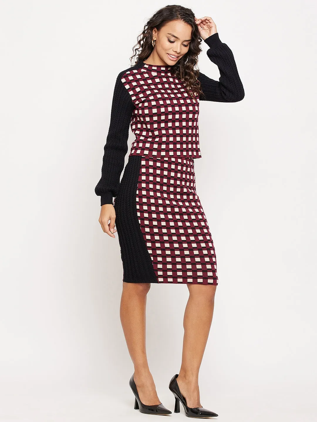 Madame Wine Check Print Bishop Sleeve Co-Ord Set