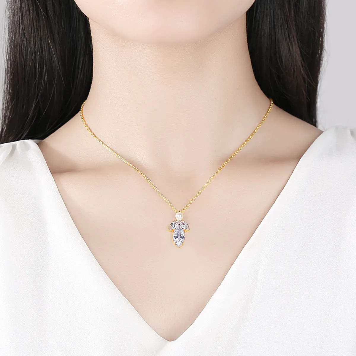 Marquise Crystal & Pearl 18K Gold-Plated Pendant Necklace