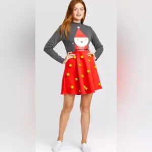 Mighty Fine Ugly Christmas Holiday Santa Dress W/Pom Pom Metallic Accents, Med
