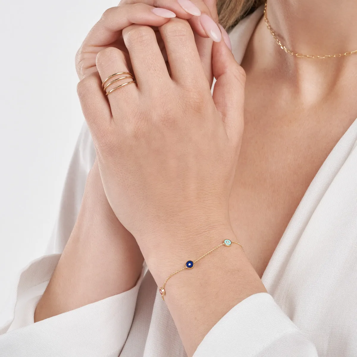 Mixed Enamel Round Evil Eye Station Bracelet