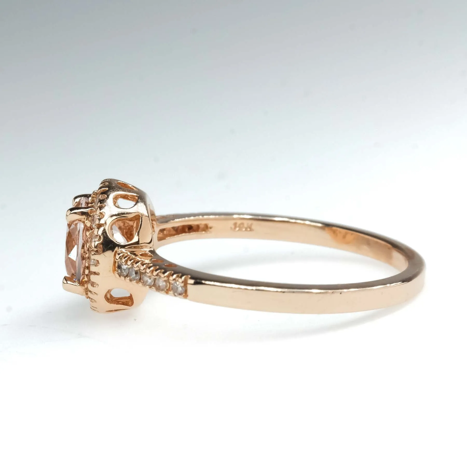Morganite with Diamond Halo and Side Accents Ring in 14K Rose Gold