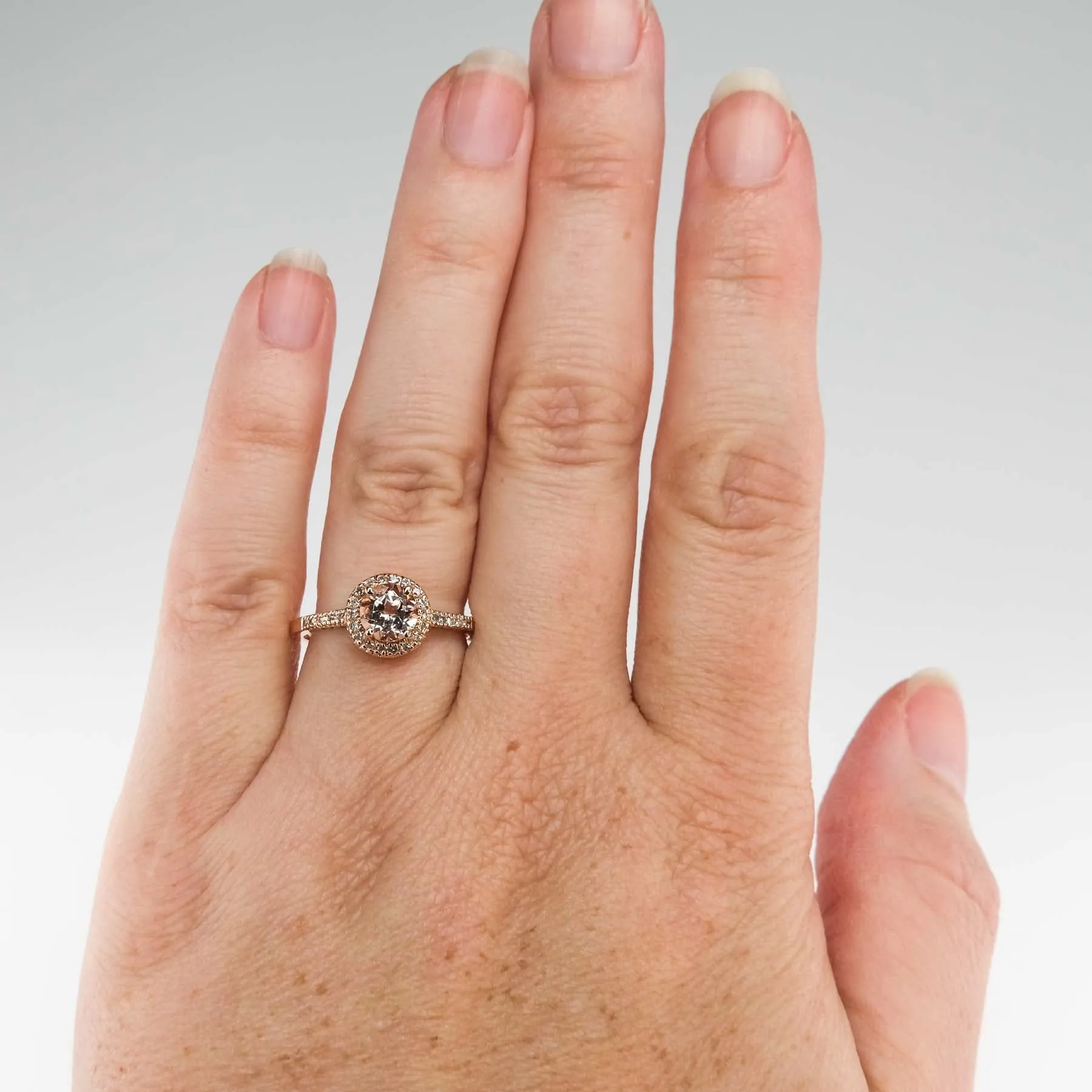 Morganite with Diamond Halo and Side Accents Ring in 14K Rose Gold