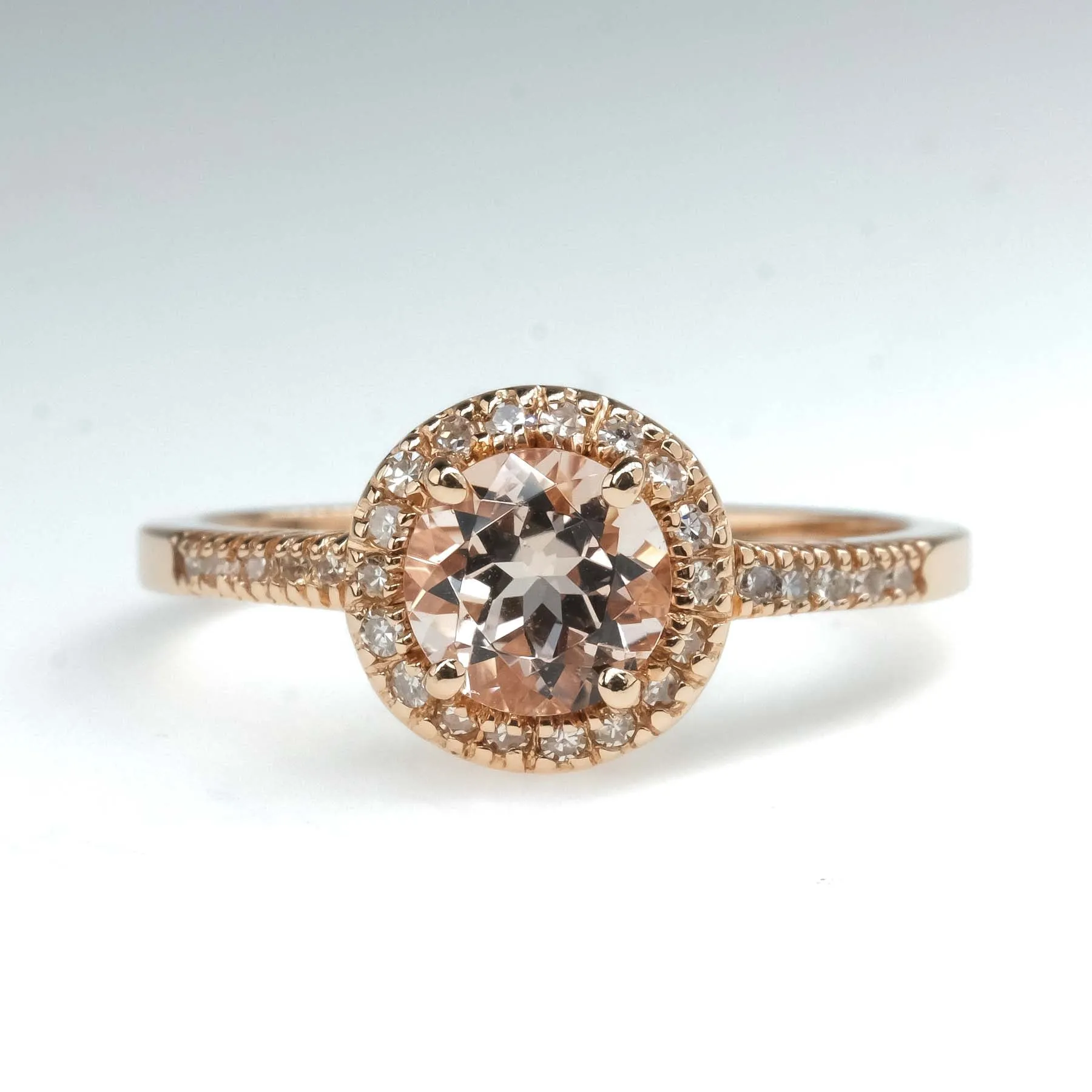 Morganite with Diamond Halo and Side Accents Ring in 14K Rose Gold