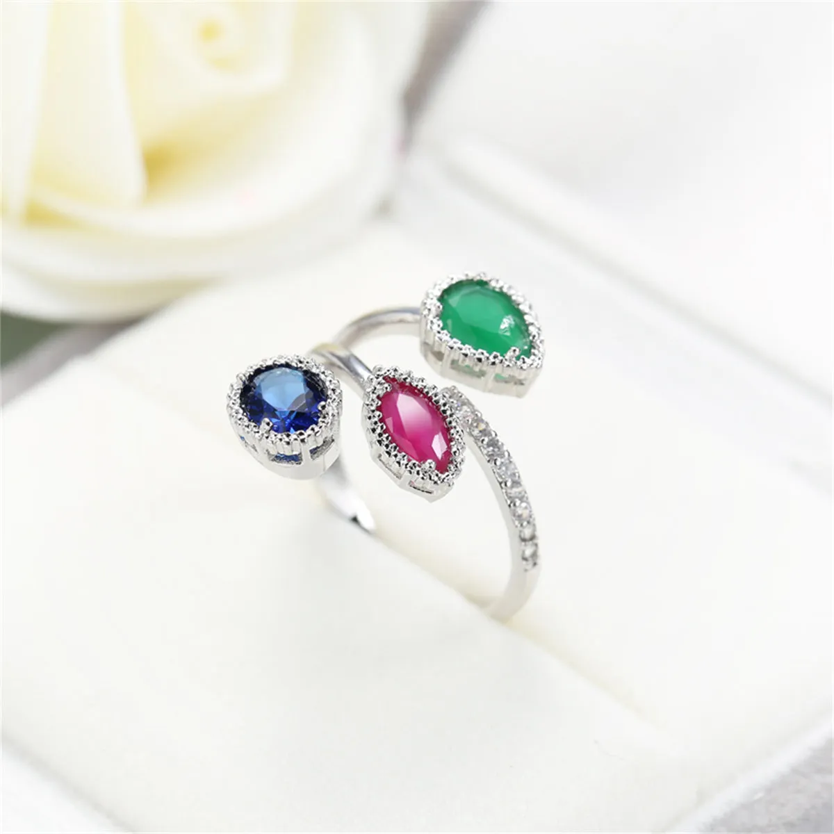 Mulitcolor Crystal & Cubic Zirconia Silver-Plated Bypass Ring