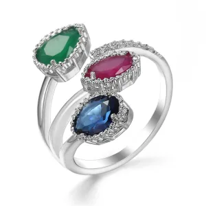 Mulitcolor Crystal & Cubic Zirconia Silver-Plated Bypass Ring