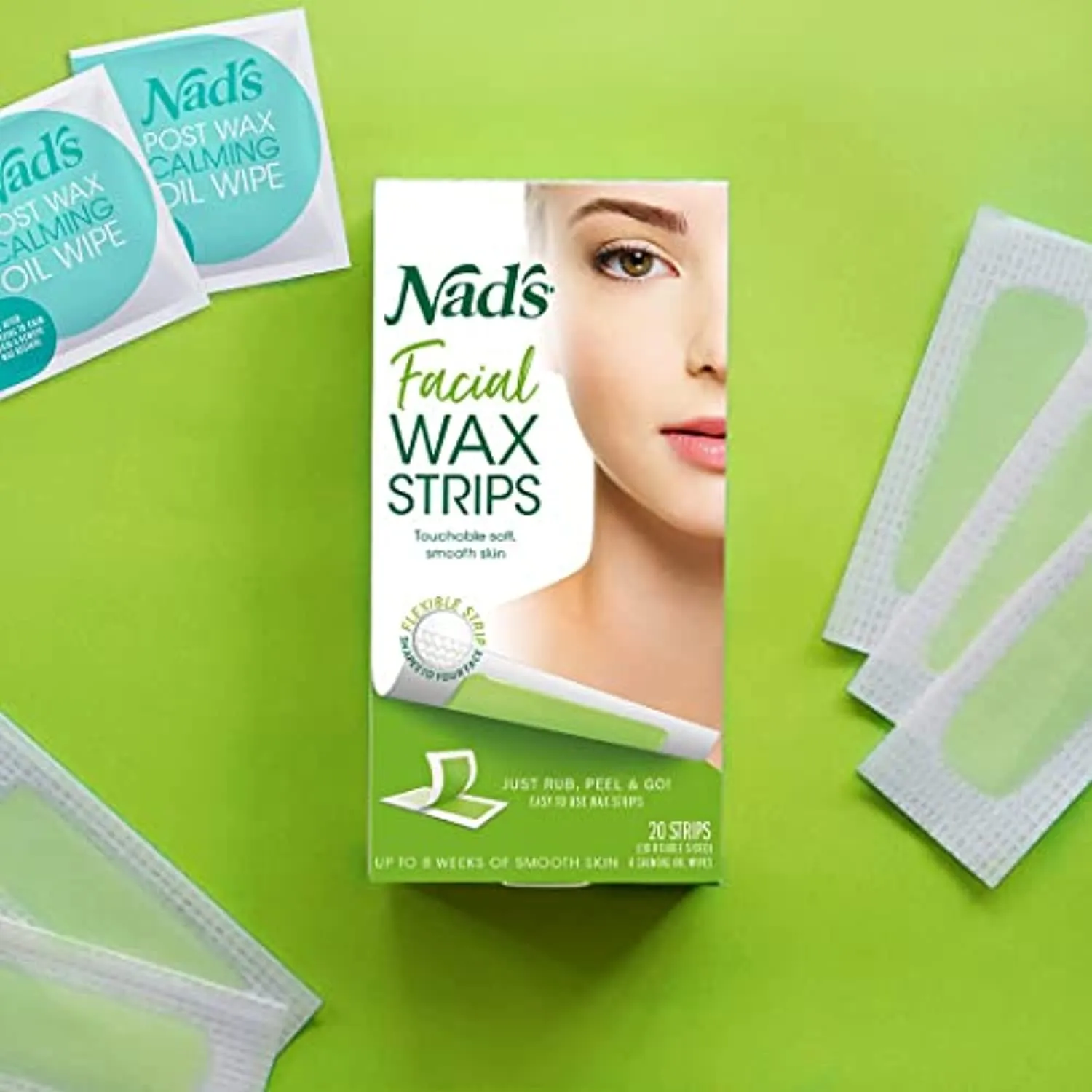 Nad's Facial Wax Strips - Hypoallergenic All Skin Types - Facial Hair Removal For Women - At Home Waxing Kit with 20 Face Wax Strips   4 Calming Oil Wipes
