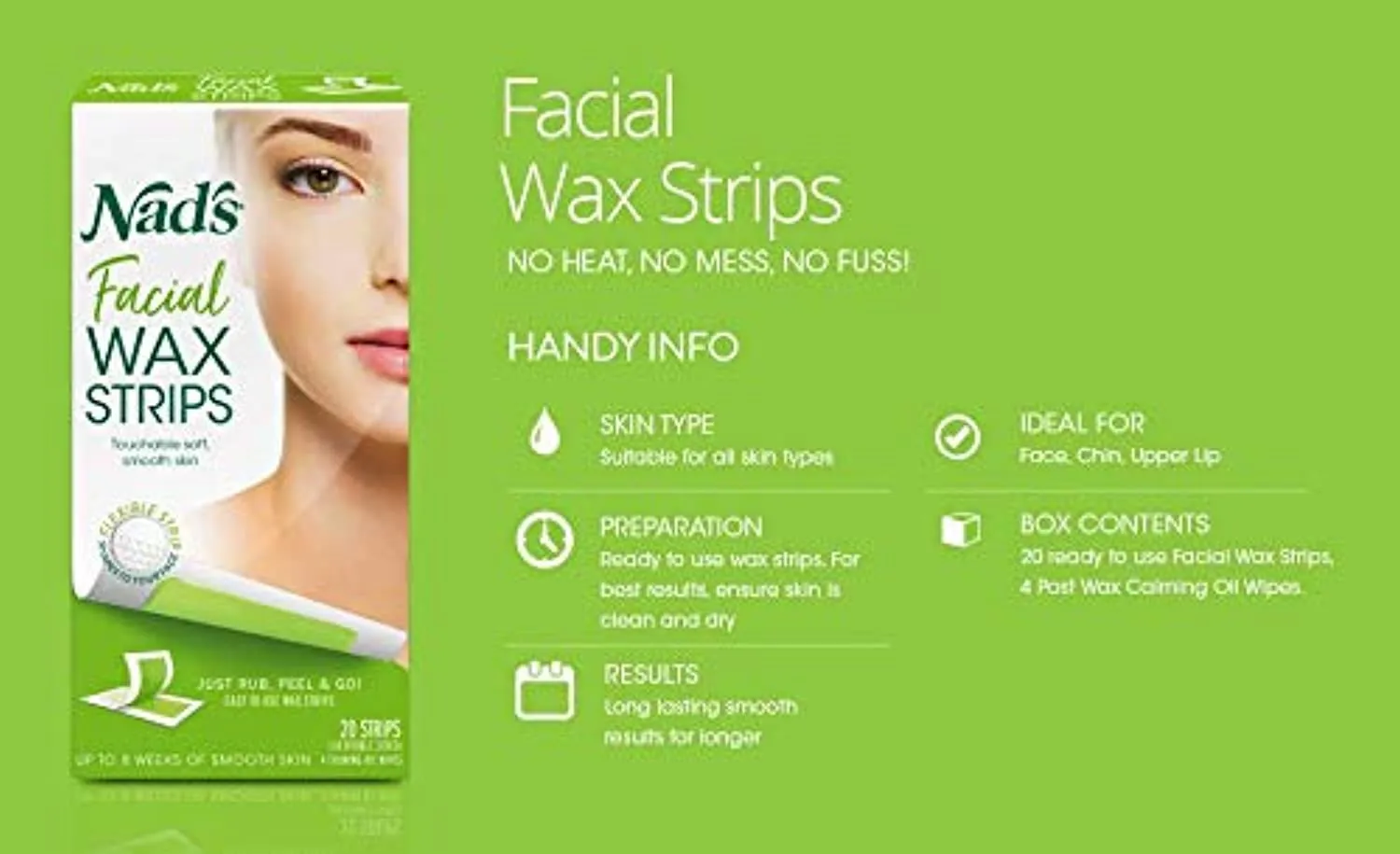 Nad's Facial Wax Strips - Hypoallergenic All Skin Types - Facial Hair Removal For Women - At Home Waxing Kit with 20 Face Wax Strips   4 Calming Oil Wipes