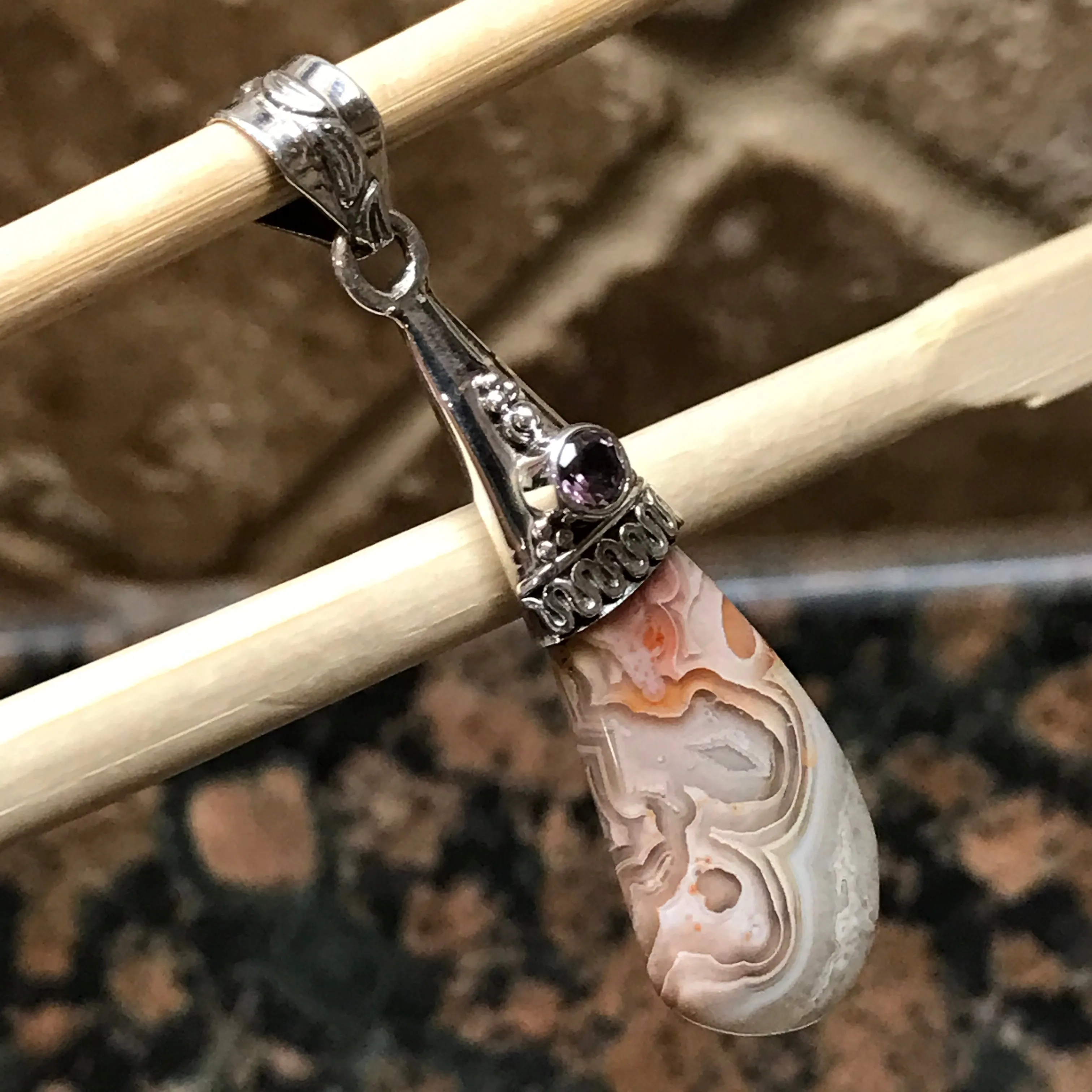 Natural Amethyst, Laguna Lace agate 925 Solid Sterling Silver Pendant 50mm