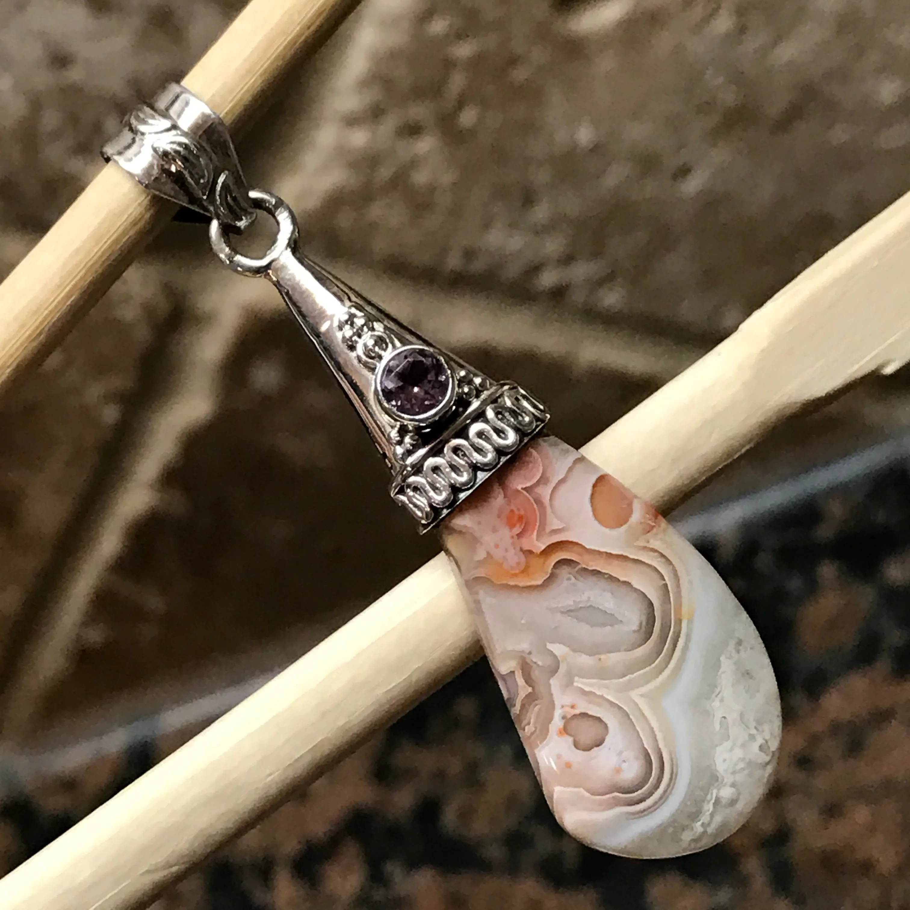 Natural Amethyst, Laguna Lace agate 925 Solid Sterling Silver Pendant 50mm