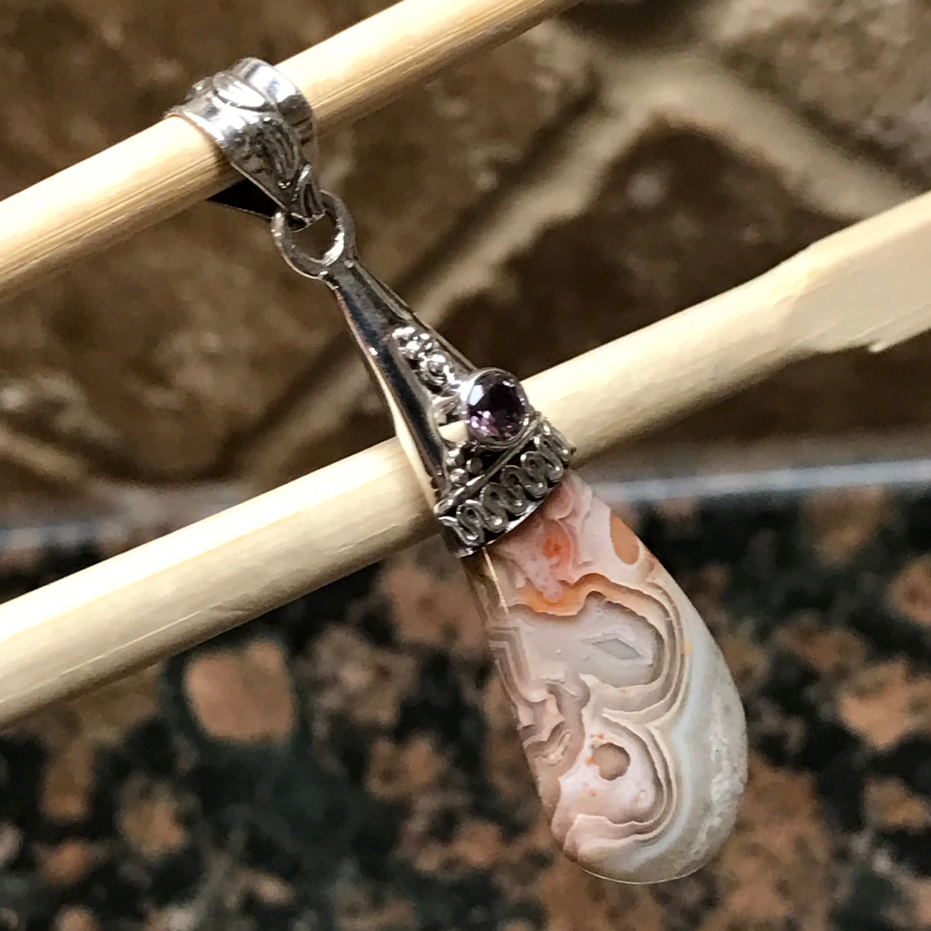 Natural Amethyst, Laguna Lace agate 925 Solid Sterling Silver Pendant 50mm