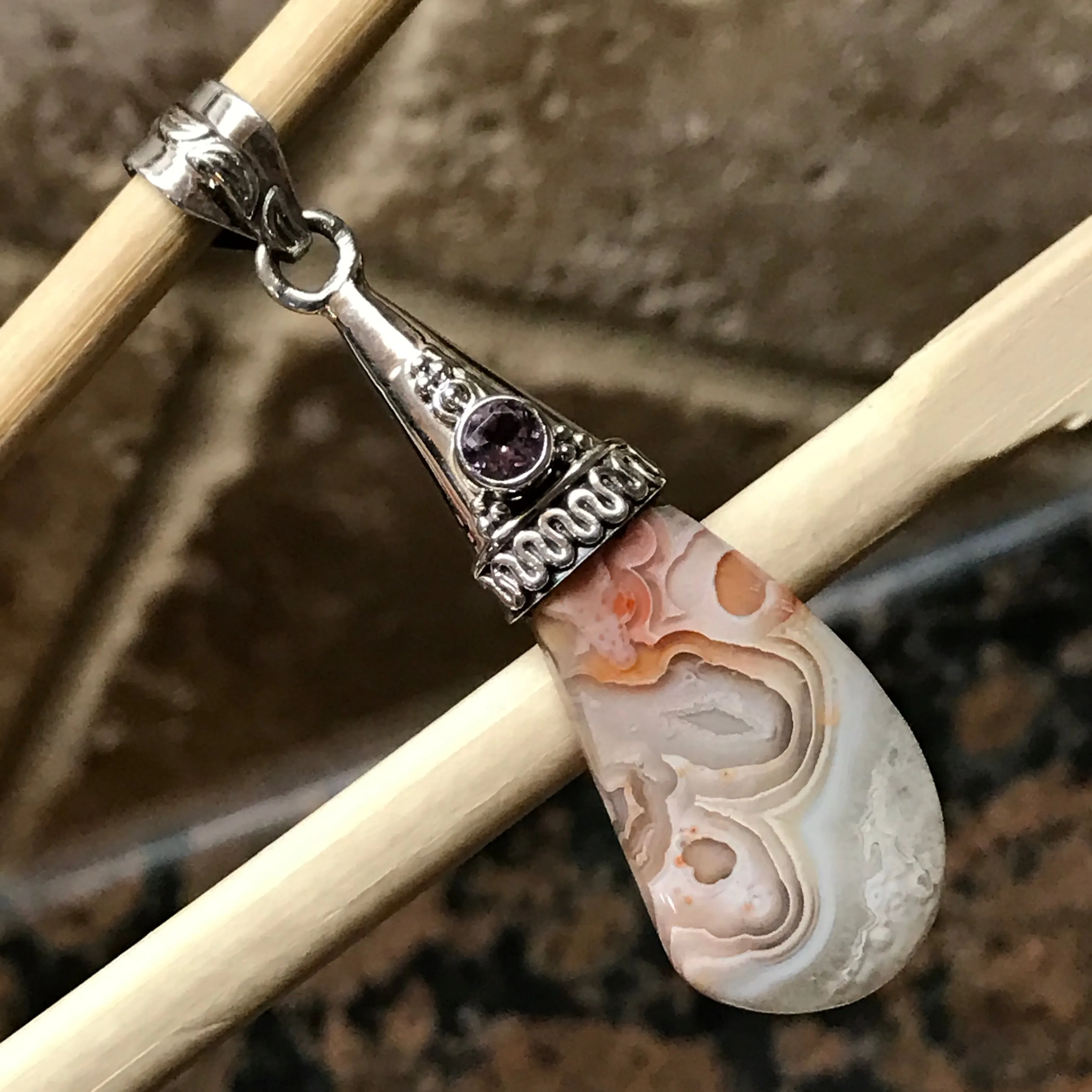 Natural Amethyst, Laguna Lace agate 925 Solid Sterling Silver Pendant 50mm