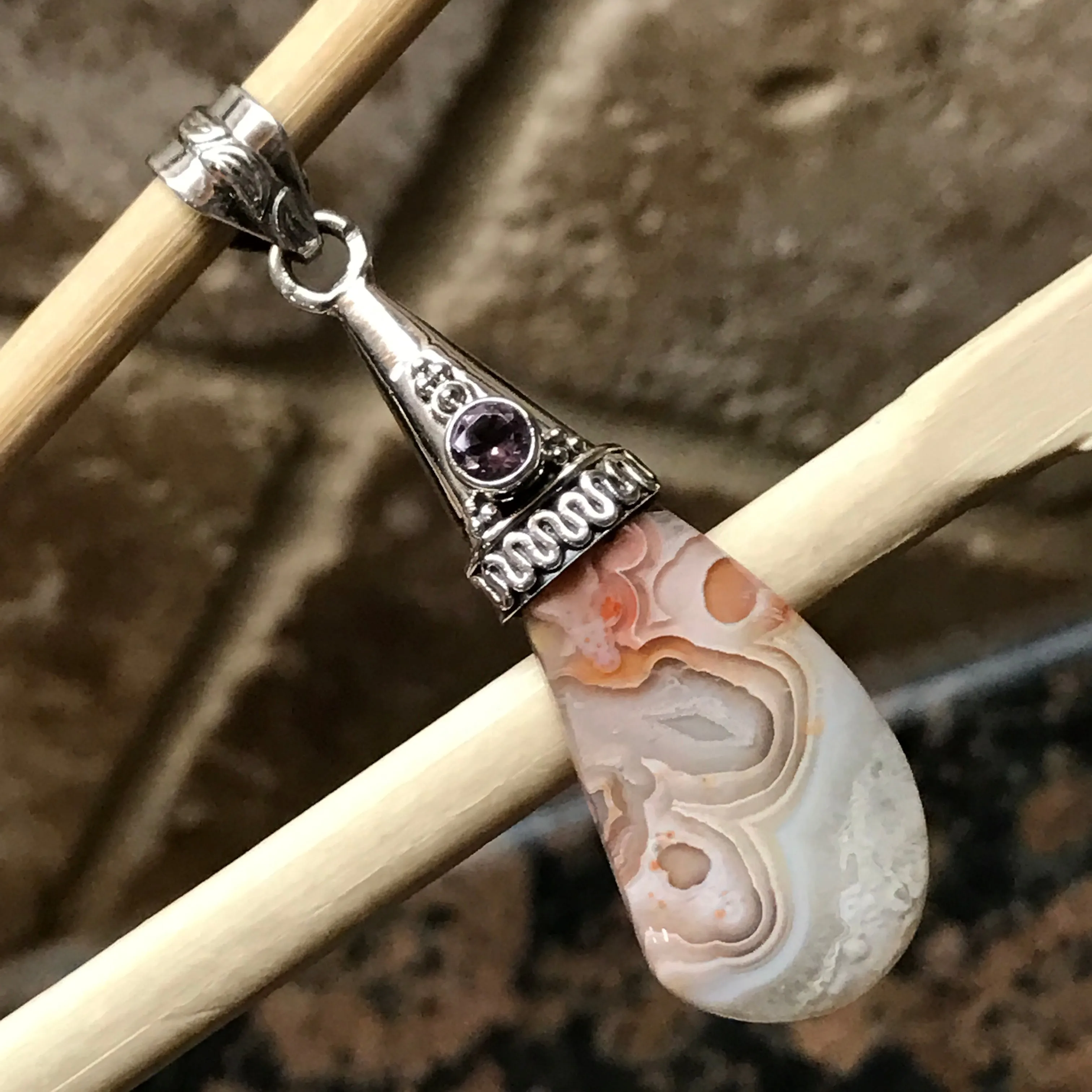 Natural Amethyst, Laguna Lace agate 925 Solid Sterling Silver Pendant 50mm