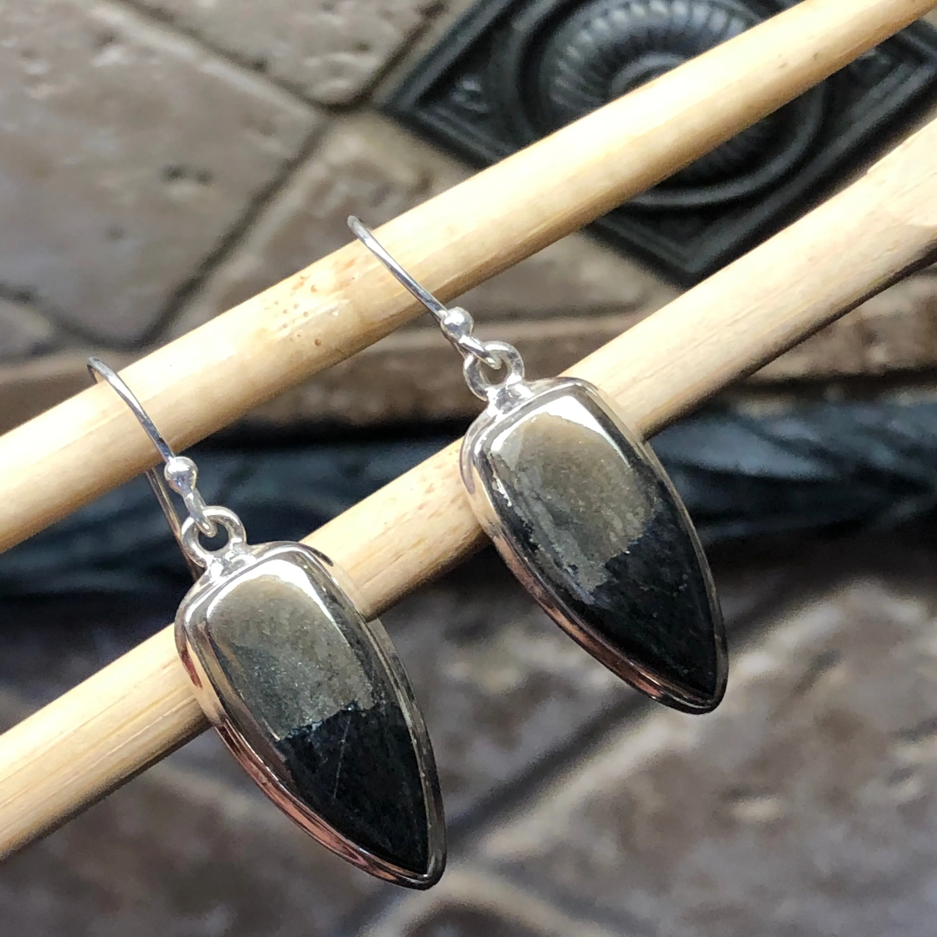 Natural Pyrite in Magnetite 925 Solid Sterling Silver Earrings 30mm