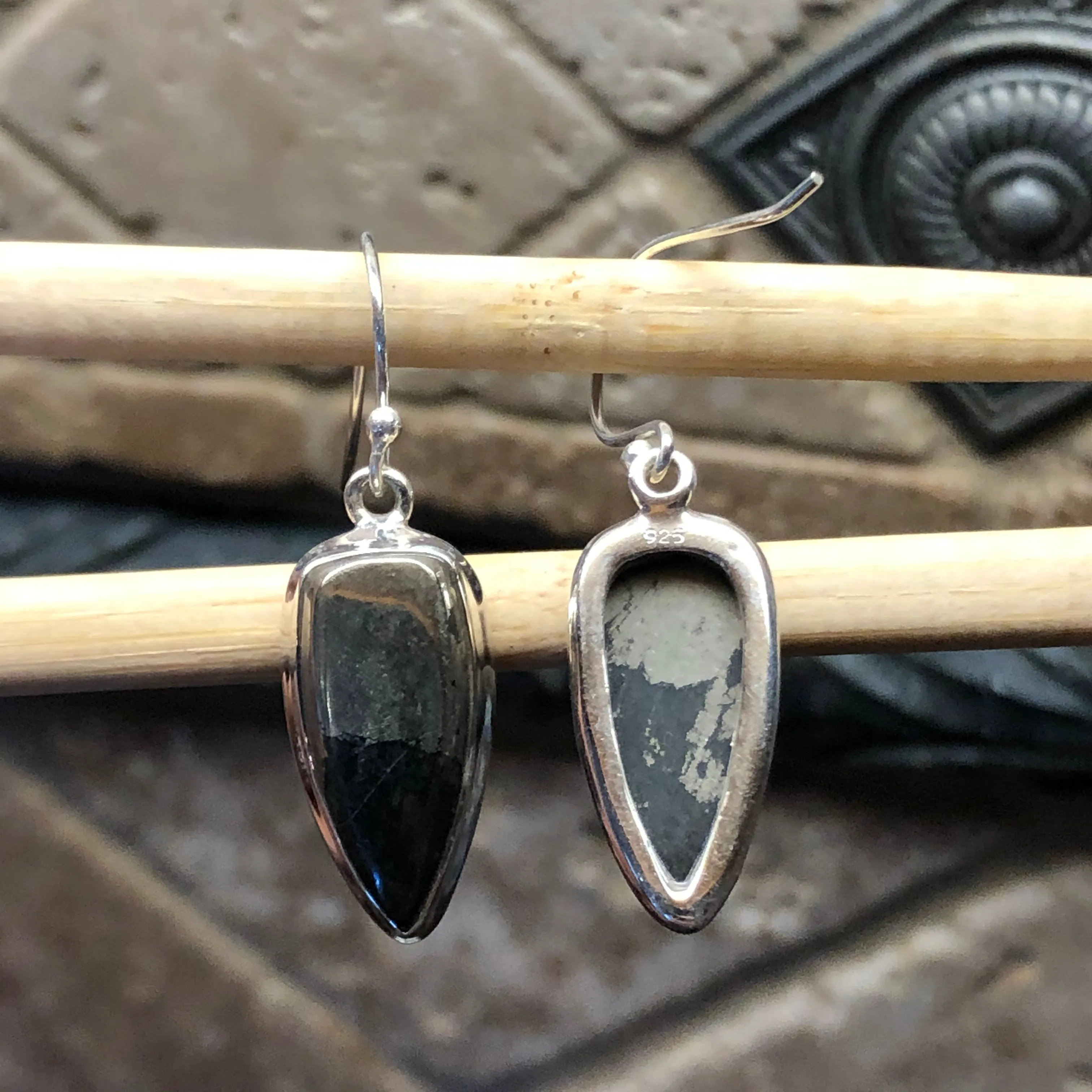 Natural Pyrite in Magnetite 925 Solid Sterling Silver Earrings 30mm