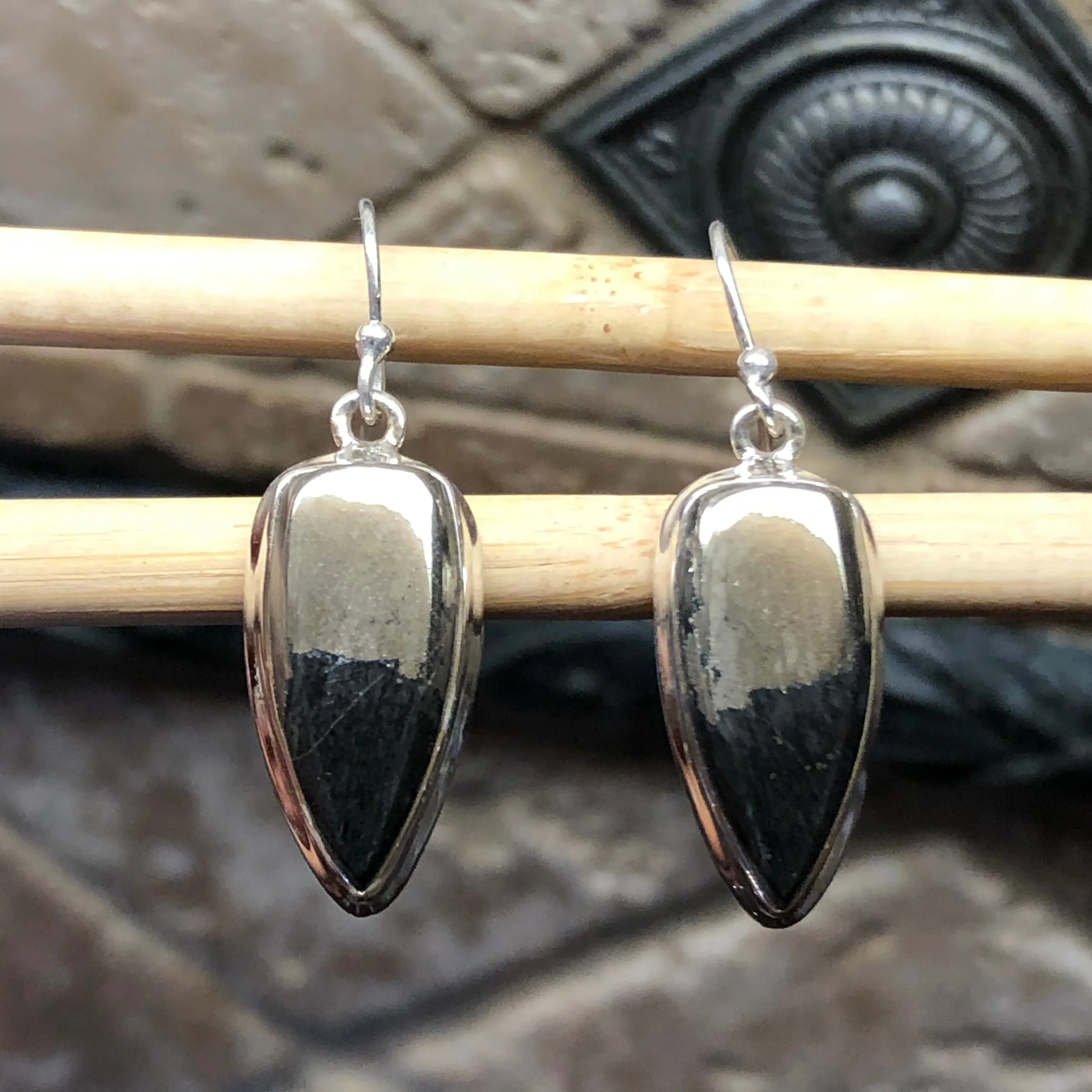 Natural Pyrite in Magnetite 925 Solid Sterling Silver Earrings 30mm