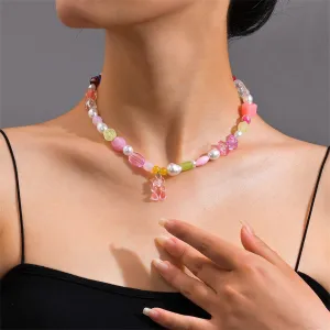Natural Quartz & Pearl Bear Pendant Choker