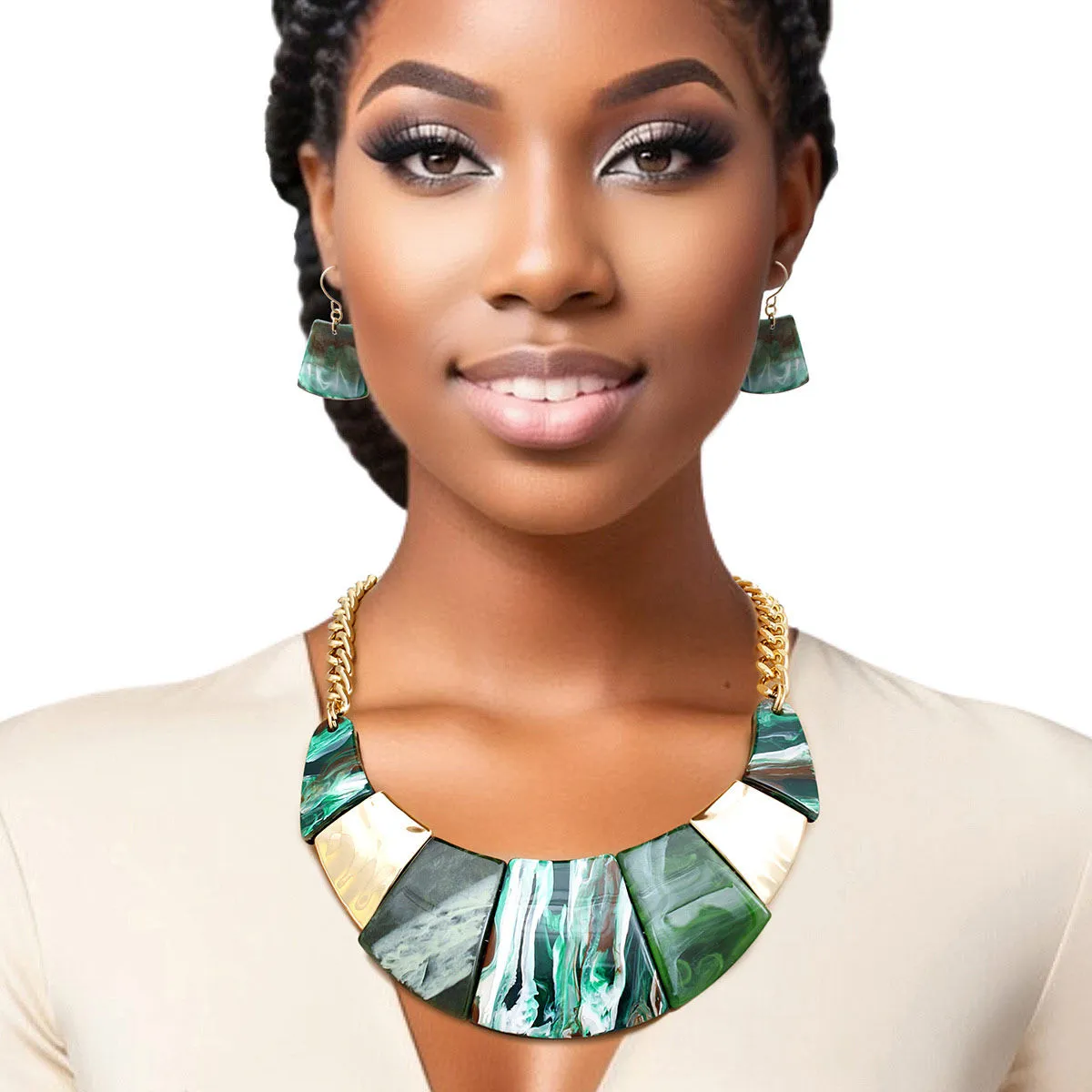 Necklace Marbled Green Bib and Chain