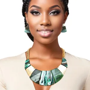 Necklace Marbled Green Bib and Chain