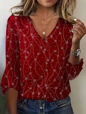 NEW All Over Print V Neck T-Shirt, Casual Three-quarter Sleeve Top For Spring & Fall, Women's Clothing - Size L - Retails $54