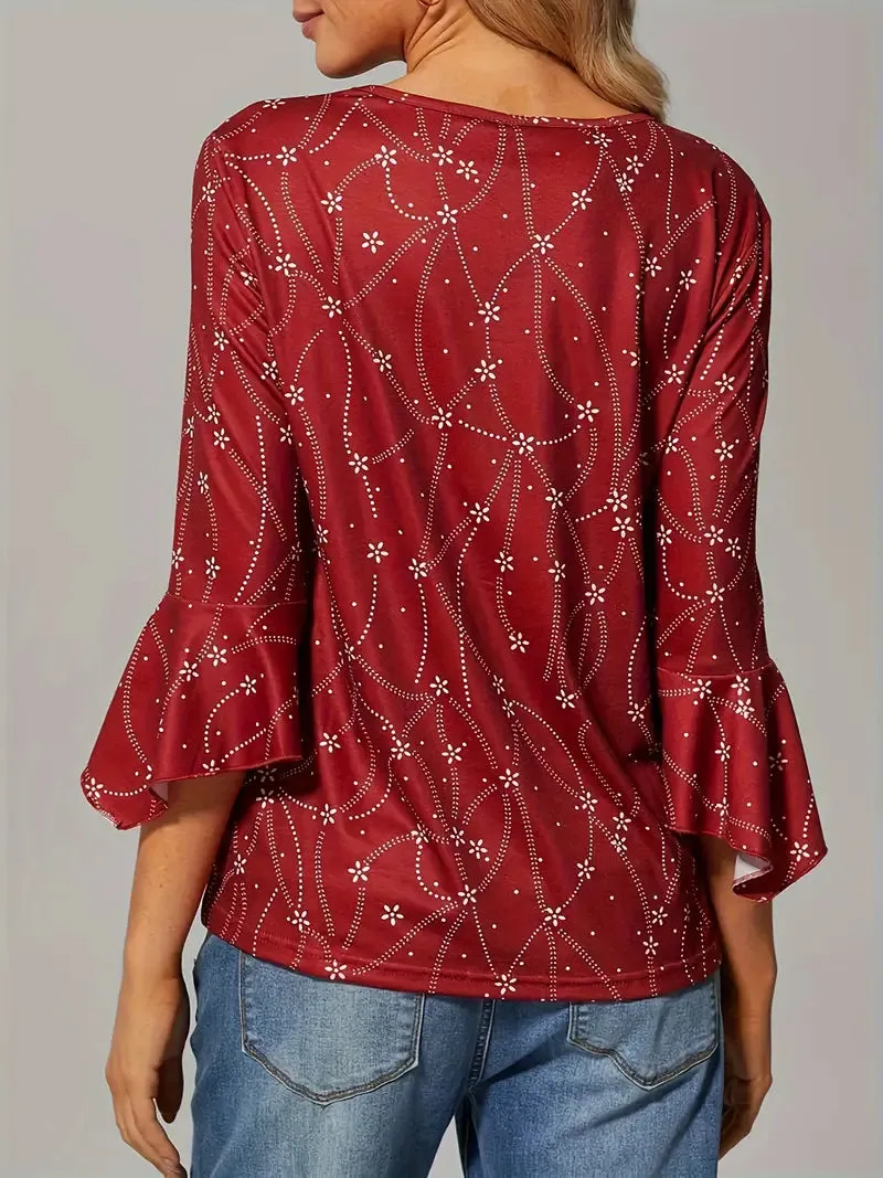 NEW All Over Print V Neck T-Shirt, Casual Three-quarter Sleeve Top For Spring & Fall, Women's Clothing - Size L - Retails $54