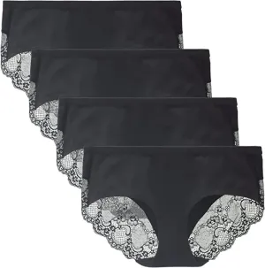 New LIQQY Women's 4 Pack Mid Rise Cotton Lace Back Full Coverage Brief Panty Underwear, Black, Sz XL!