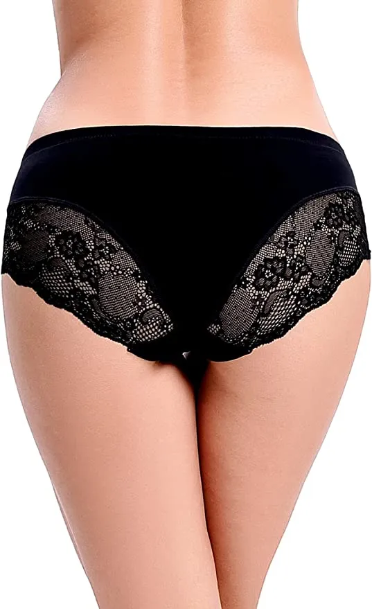 New LIQQY Women's 4 Pack Mid Rise Cotton Lace Back Full Coverage Brief Panty Underwear, Black, Sz XL!