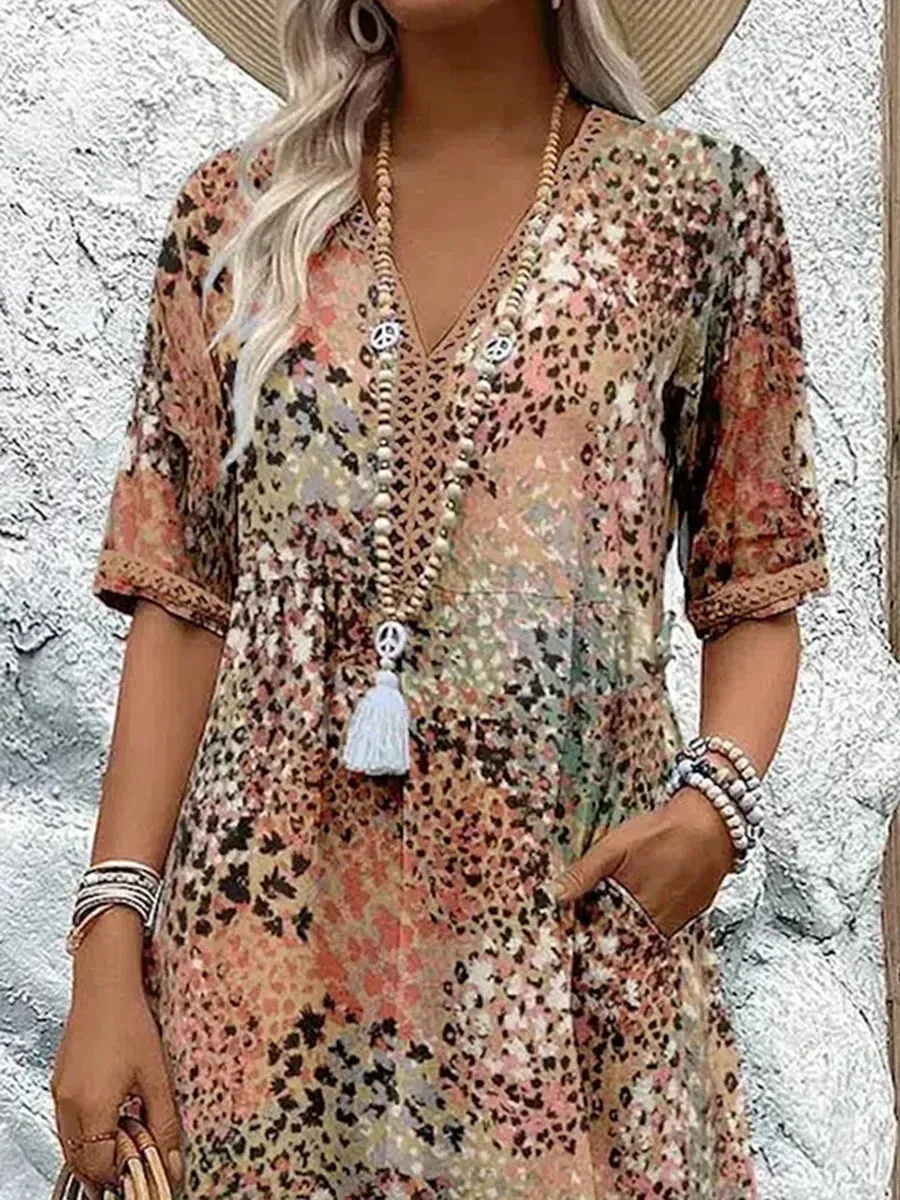 NEW Retails $70 Women's Short Sleeve Summer Leopard Lace Dress A-Line V Neck Daily Going Out Casual Knee Length Dress, Khaki, Sz XL