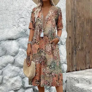 NEW Retails $70 Women's Short Sleeve Summer Leopard Lace Dress A-Line V Neck Daily Going Out Casual Knee Length Dress, Khaki, Sz XL