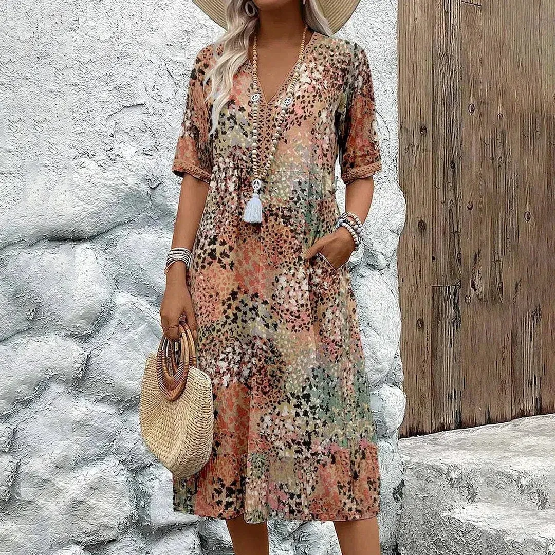 NEW Retails $70 Women's Short Sleeve Summer Leopard Lace Dress A-Line V Neck Daily Going Out Casual Knee Length Dress, Khaki, Sz XL