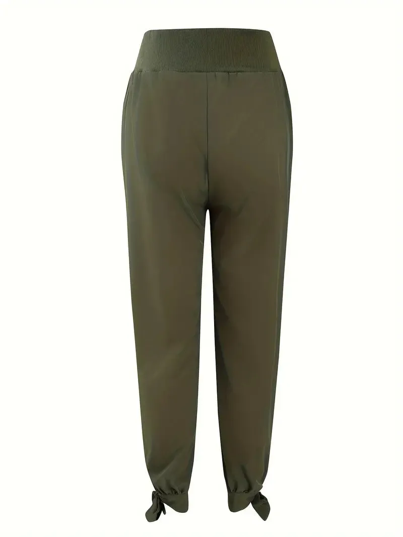 NEW Solid Button Decor Knot Pants, Casual Elastic Waist Slant Pockets Loose Pants, Women's Clothing, Green, Sz M