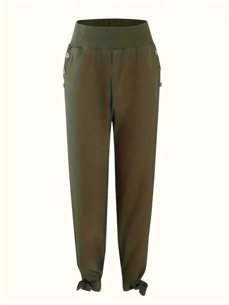 NEW Solid Button Decor Knot Pants, Casual Elastic Waist Slant Pockets Loose Pants, Women's Clothing, Green, Sz M