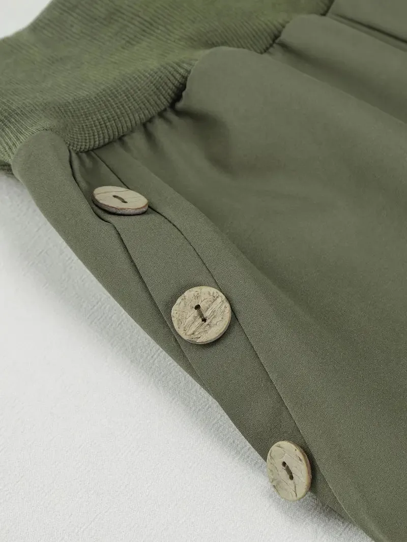 NEW Solid Button Decor Knot Pants, Casual Elastic Waist Slant Pockets Loose Pants, Women's Clothing, Green, Sz M