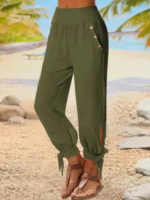 NEW Solid Button Decor Knot Pants, Casual Elastic Waist Slant Pockets Loose Pants, Women's Clothing, Green, Sz M