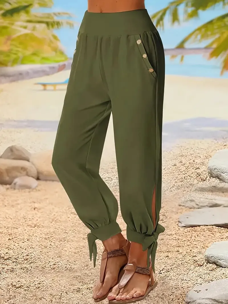NEW Solid Button Decor Knot Pants, Casual Elastic Waist Slant Pockets Loose Pants, Women's Clothing, Green, Sz M