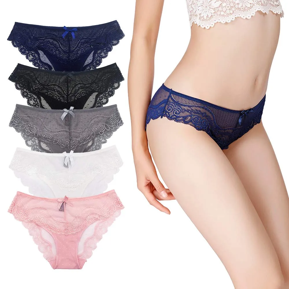 New Underwear Women Lace Briefs Mid Rise Panties Lingerie Hipster 5 Pack, Sz M!