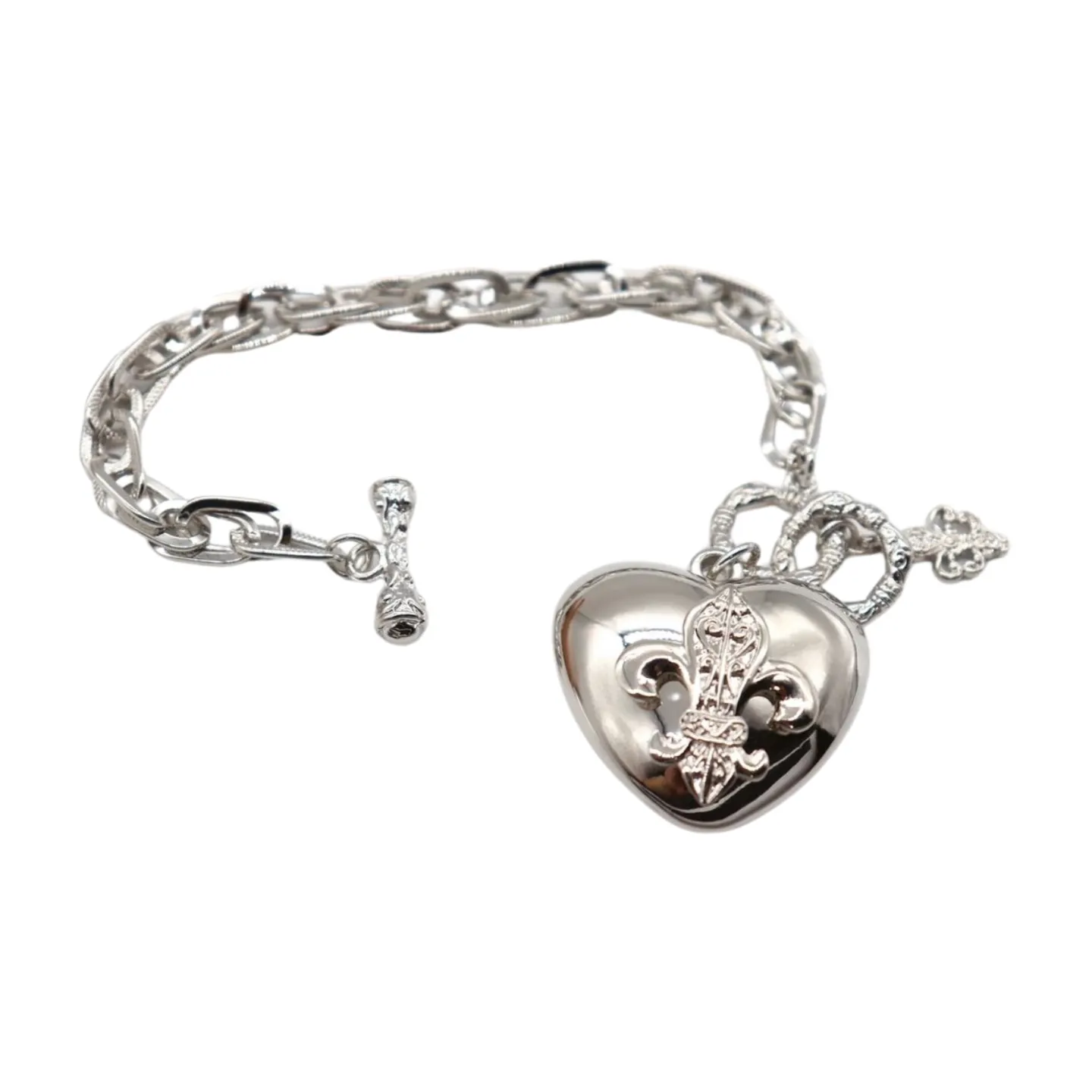 New Women Silver Metal Chain Links Fashion Bracelet Fleur De Lis Love Heart Charm