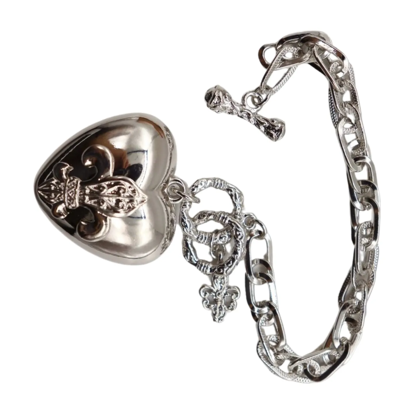 New Women Silver Metal Chain Links Fashion Bracelet Fleur De Lis Love Heart Charm