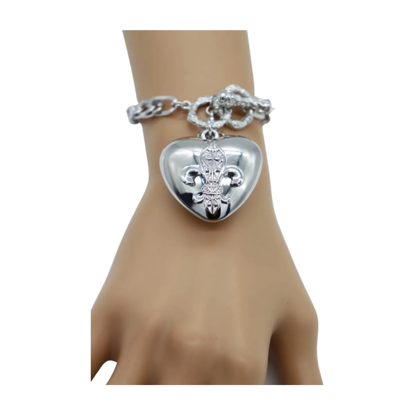 New Women Silver Metal Chain Links Fashion Bracelet Fleur De Lis Love Heart Charm