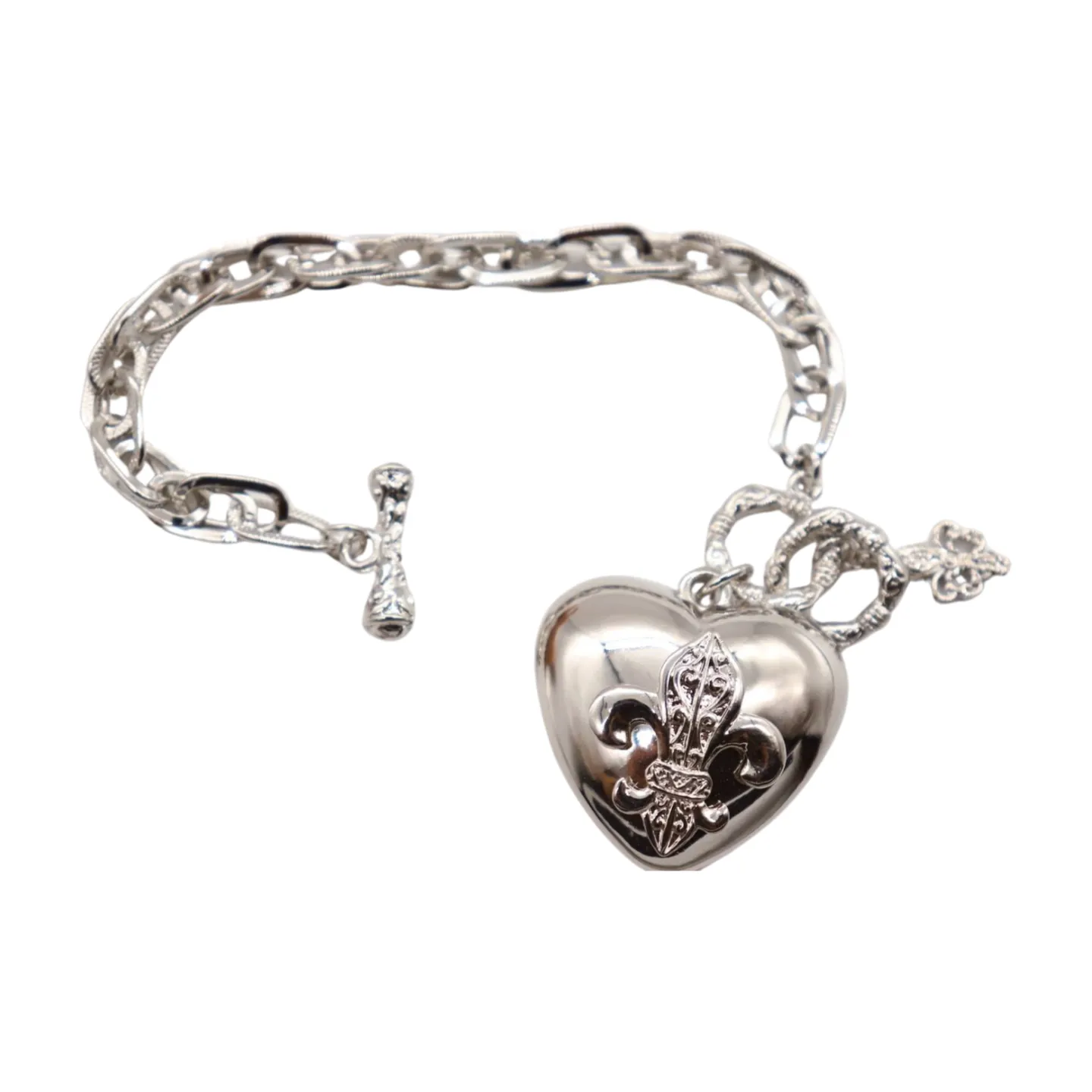 New Women Silver Metal Chain Links Fashion Bracelet Fleur De Lis Love Heart Charm